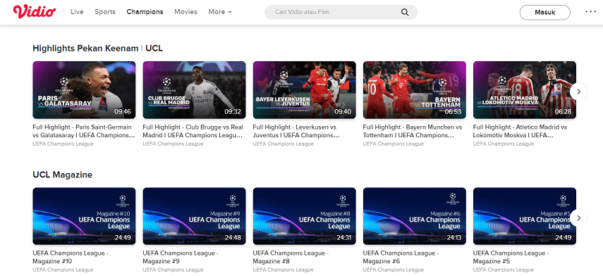 Vidio - Daftar Situs Nonton Streaming Sepakbola Liga Champions Terbaik