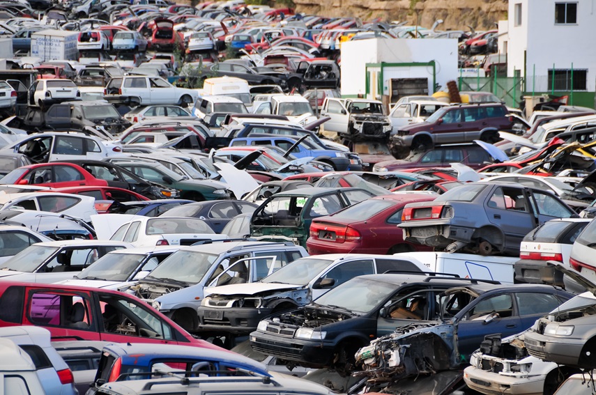 Scrap Yard With Pile Of Crushed Cars in tenerife canary islands spain